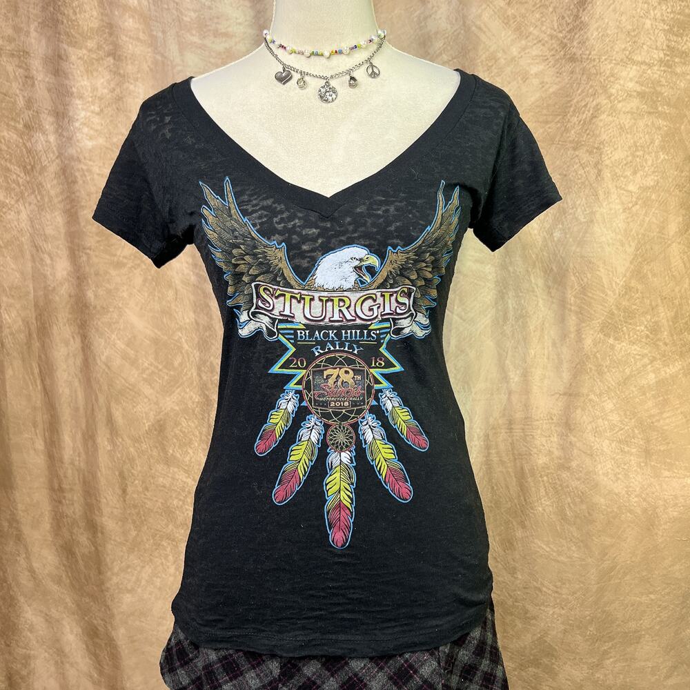 Sturgis Eagle Baby Tee Fitted Burnout T-Shirt V Neck Biker Dreamcatcher Graphic